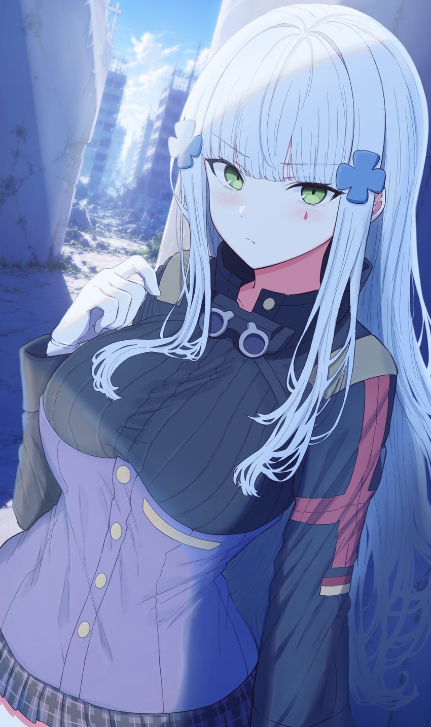 少女前线、HK416 (少女前线) 1名女孩 黑色夹克 乳房 城市景观 闭嘴