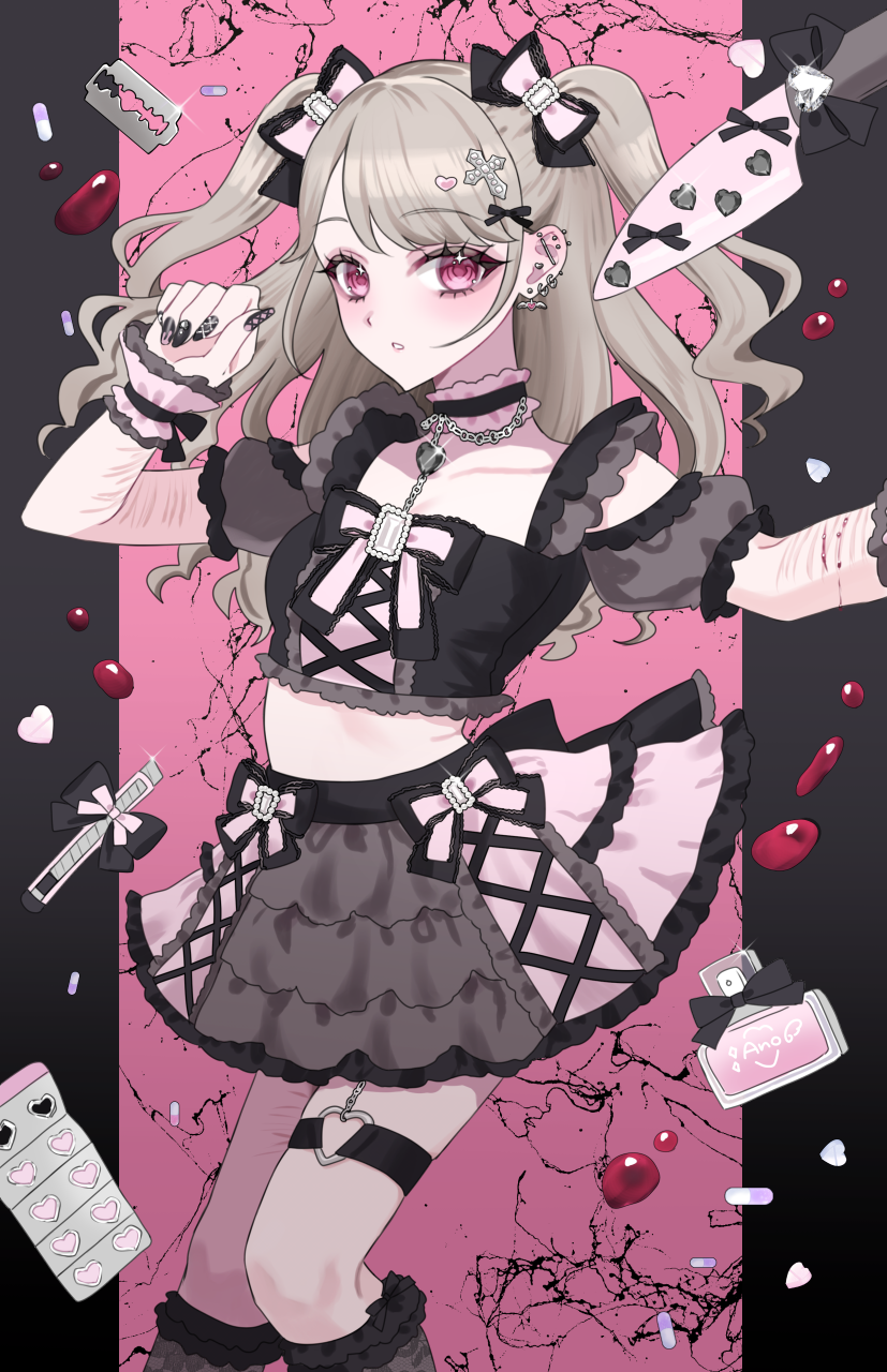 原创 1名女孩 黑色项圈 血 瓶子 美工刀