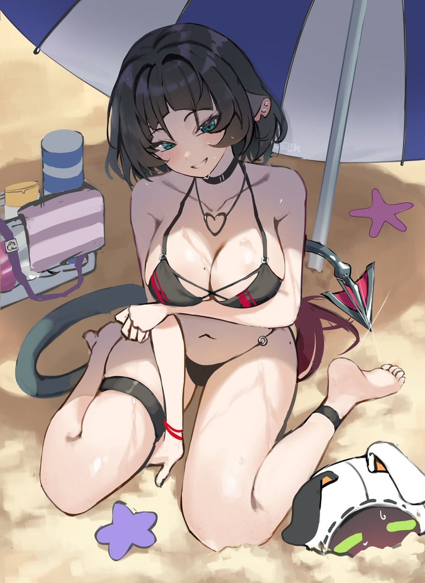绝区零、简·杜 (绝区零) 1名女孩 兽耳 海滩 黑发 乳房