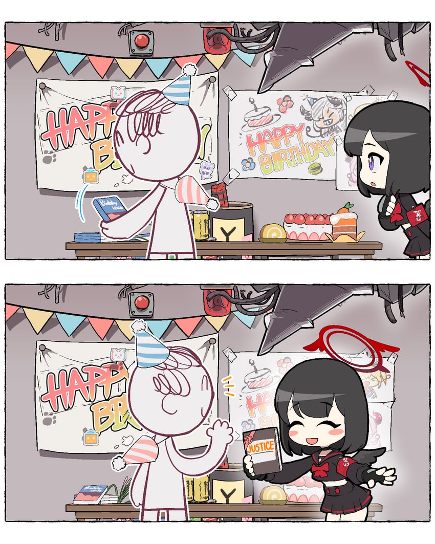 蔚蓝档案、涂鸦老师、真白 (蔚蓝档案) 1名男孩 1名女孩 两格漫画 臂章 黑色项圈