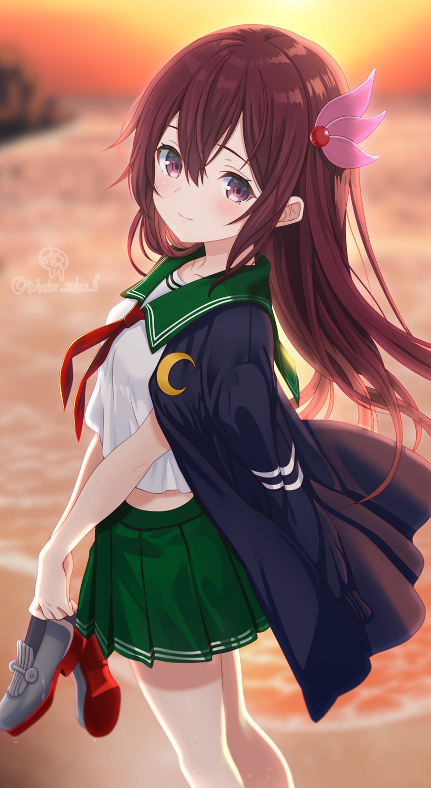 舰队Collection、如月 (舰娘) 1名女孩 黑色夹克 模糊 模糊背景 脸红