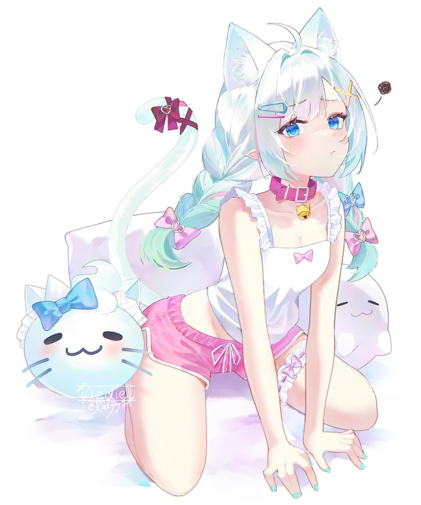 传说.exe、冥土 (Mint Fantome)、薄荷·芳托姆 (otaku) 1名女孩 呆毛 兽耳 铃铛 蓝色蝴蝶结