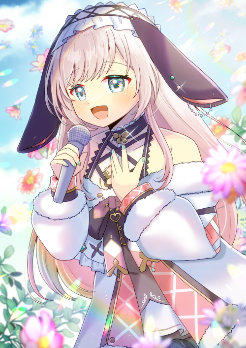 二次元插画 1名女孩 :D 兽耳 露肩 蓝花