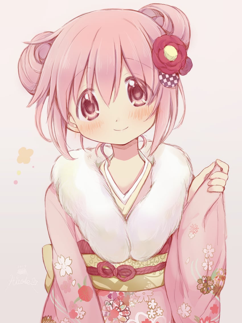 魔法少女小圆、魔法少女小圆、鹿目圆 1名女孩 脸红 闭嘴 毛领 灰色背景