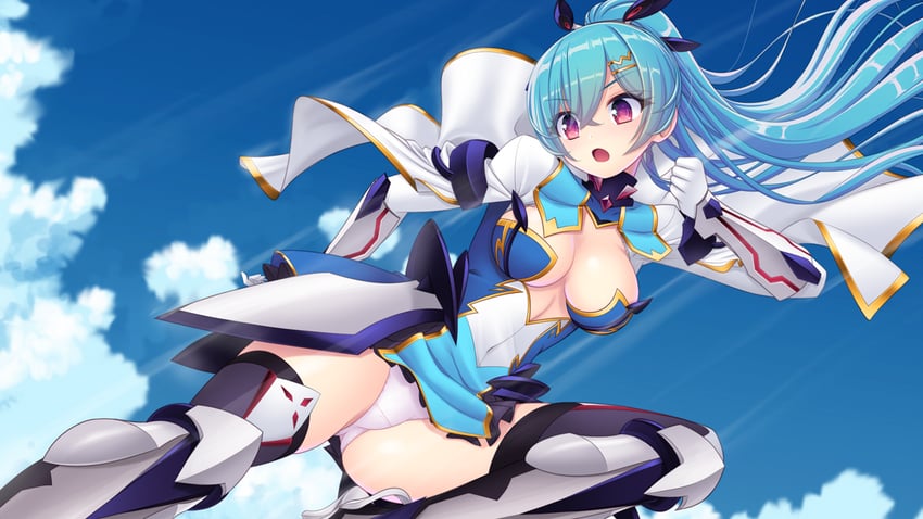 shinsou kenki arch saver、arch kalmia、fuyunagi tsubasa 1名女孩 惊讶 水色发 铠甲 铠甲靴