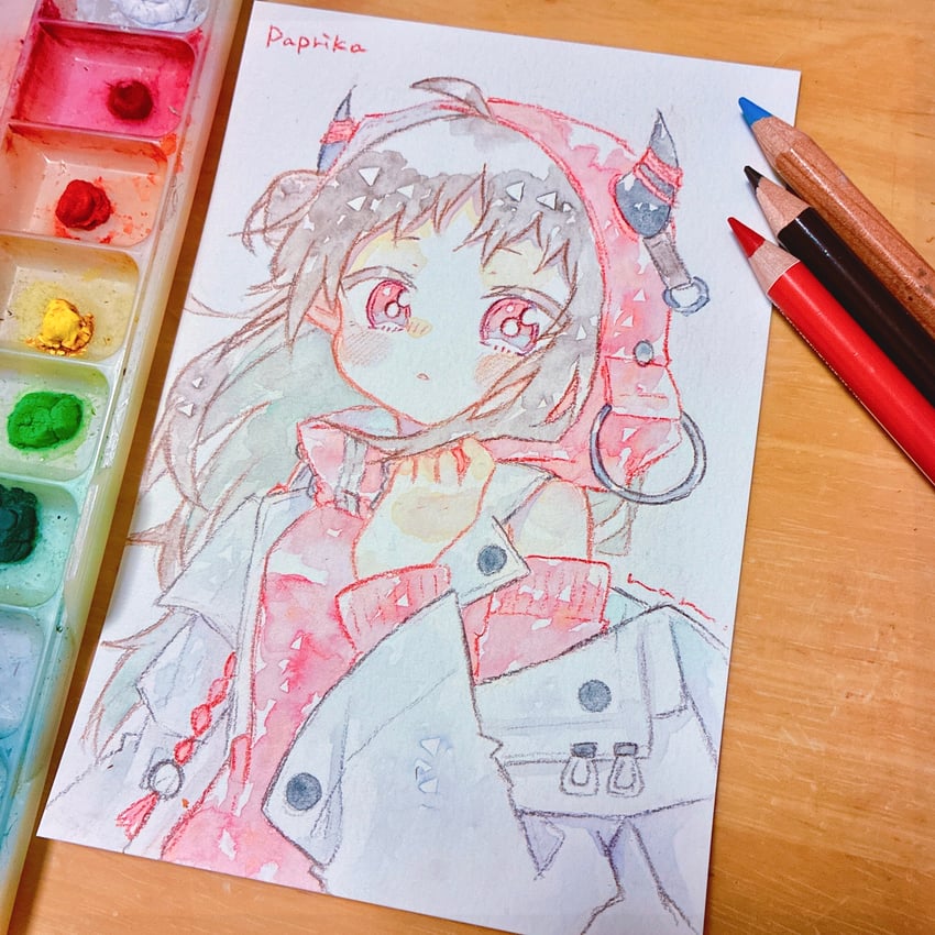 明日方舟、辣椒 (明日方舟) 1名女孩 呆毛 画面内含画具 脸红 灰发