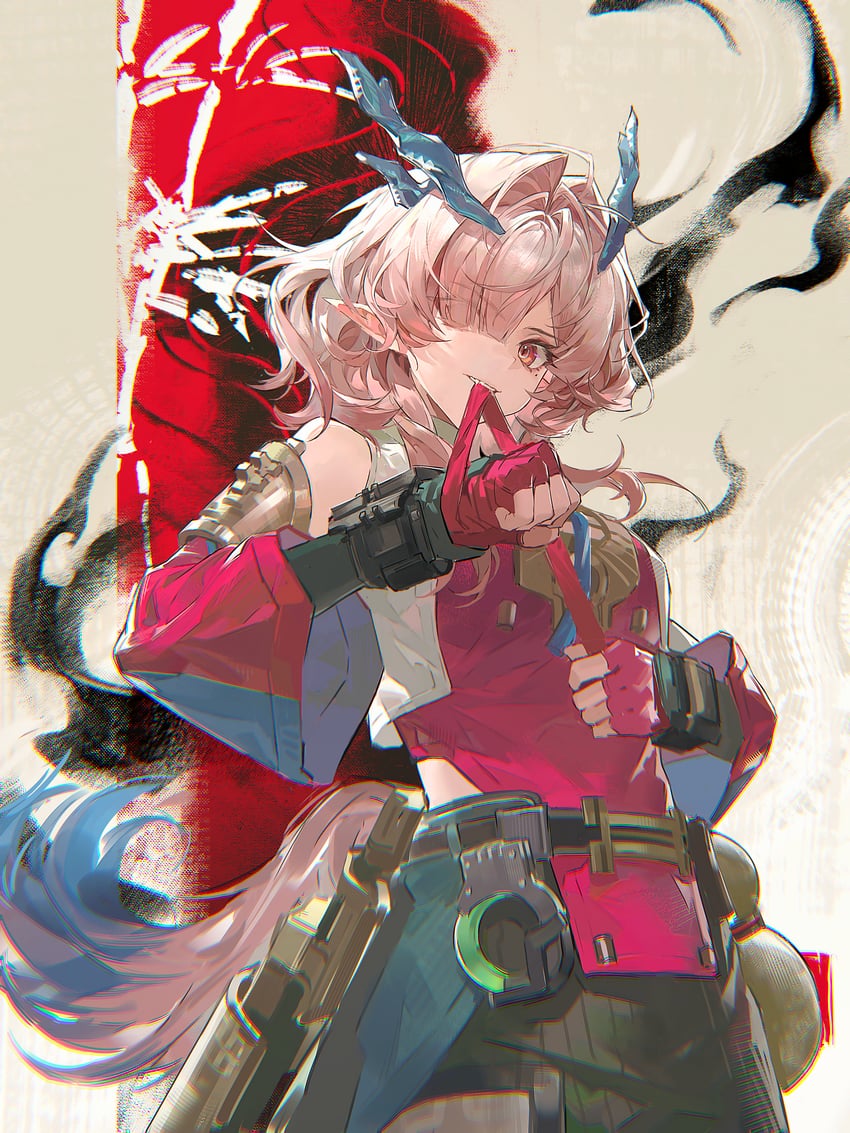 明日方舟、明日方舟：终末地、弥伏 (明日方舟) 1名女孩 替代乳量 (变小) 蓝角 乳房 恶魔娘
