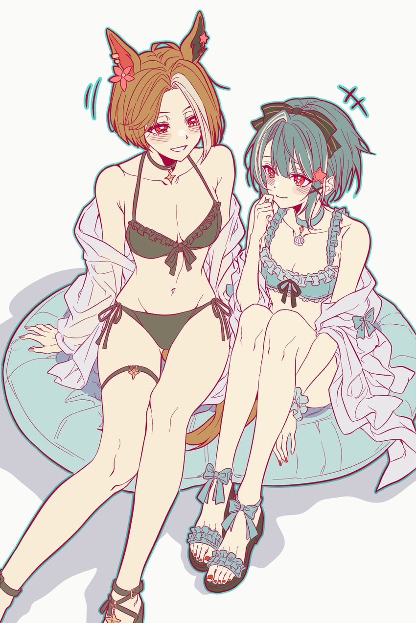 赛马娘、赌场驱动（赛马娘）、女性训练员 (赛马娘) 2名女孩 兽耳 比基尼 黑色比基尼 蓝色比基尼