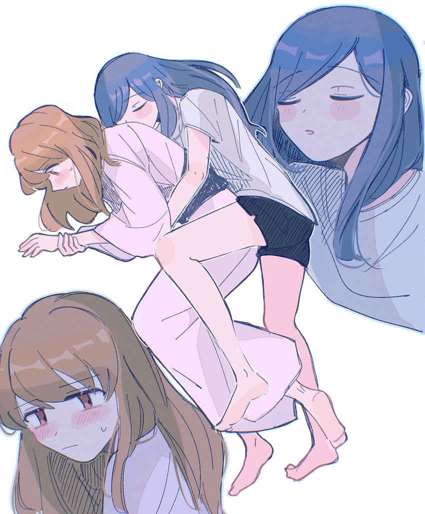 舞-HiME、藤乃静留、玖我夏树 2名女孩 黑色短裤 蓝发 脸红 棕发