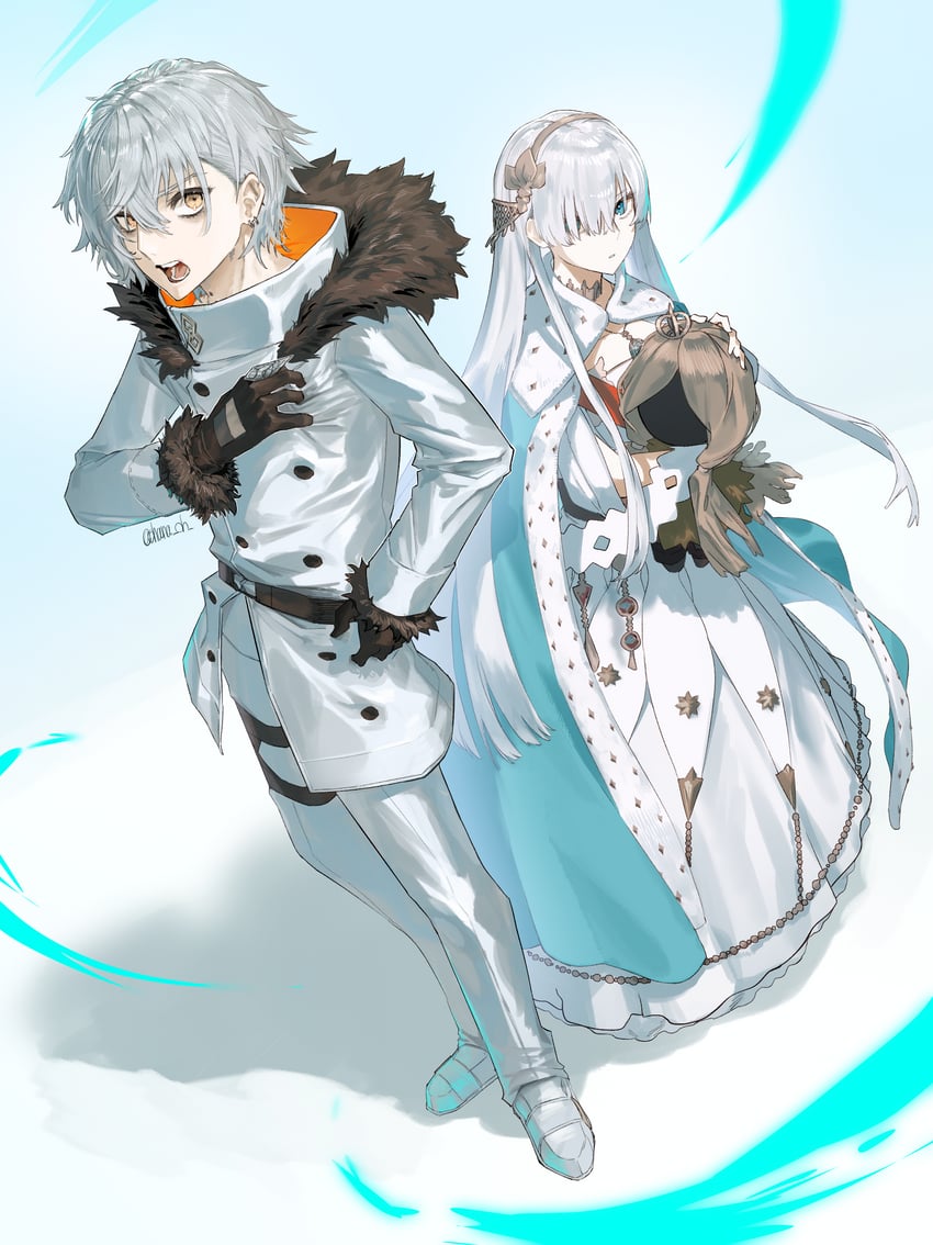 Fate/Grand Order、Fate系列、阿纳斯塔西娅 (Fate) 1名男孩 1名女孩 水蓝色披风 杠铃穿刺 黑色手套