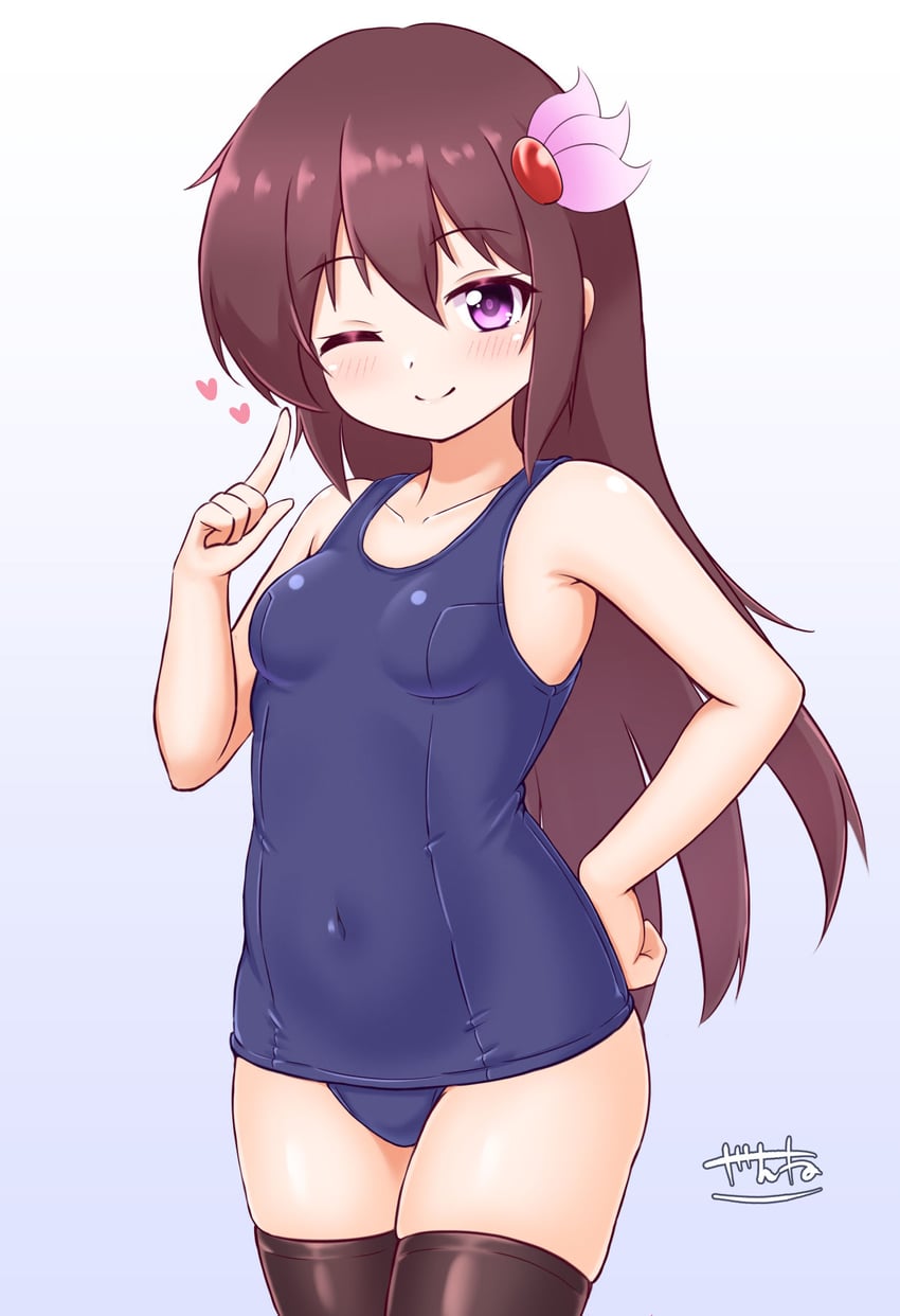 舰队Collection、如月 (舰娘) 1名女孩 蓝色背景 脸红 棕发 渐变背景