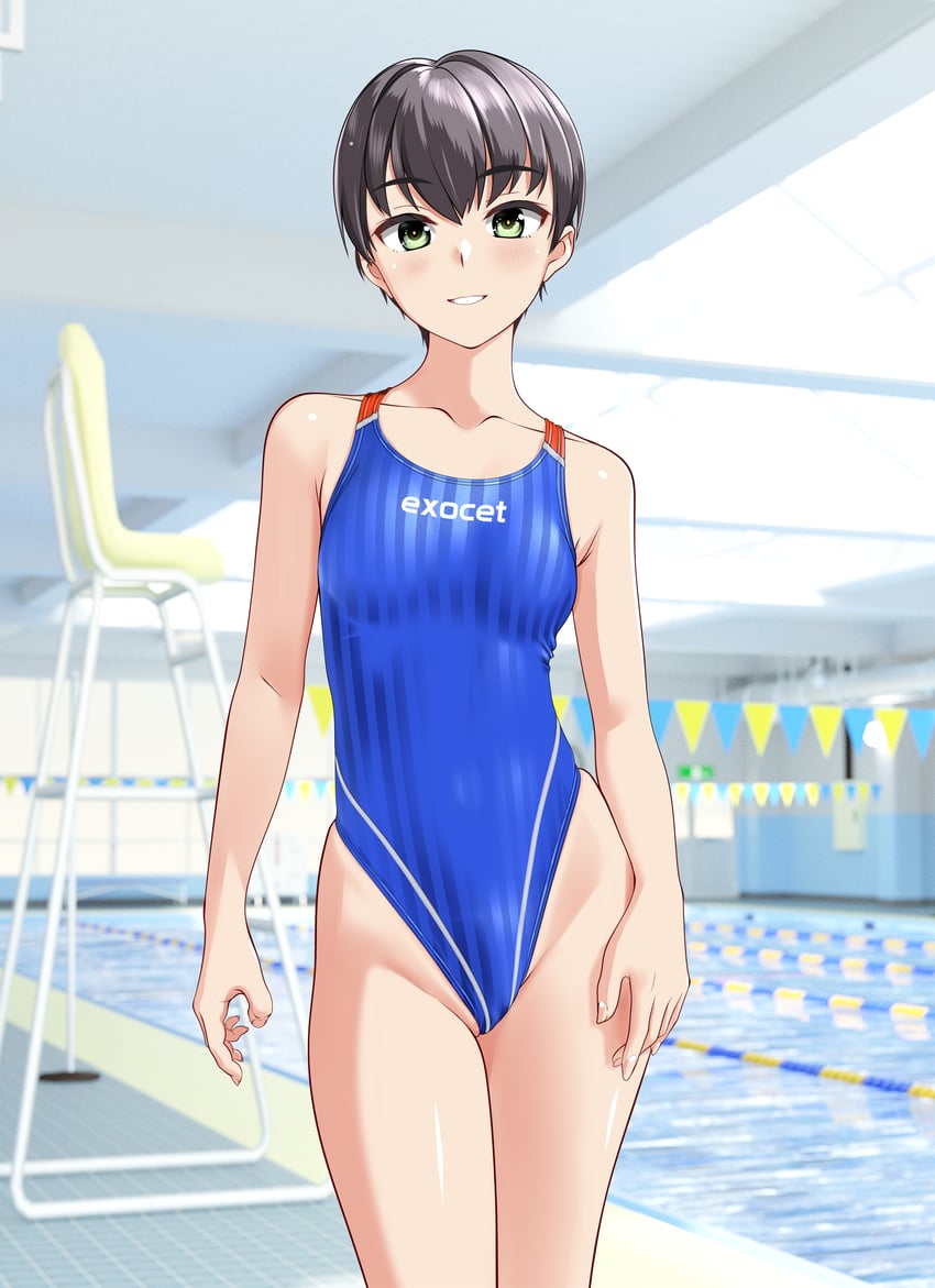 原创 1名女孩 黑发 蓝色连体泳衣 乳房 椅子