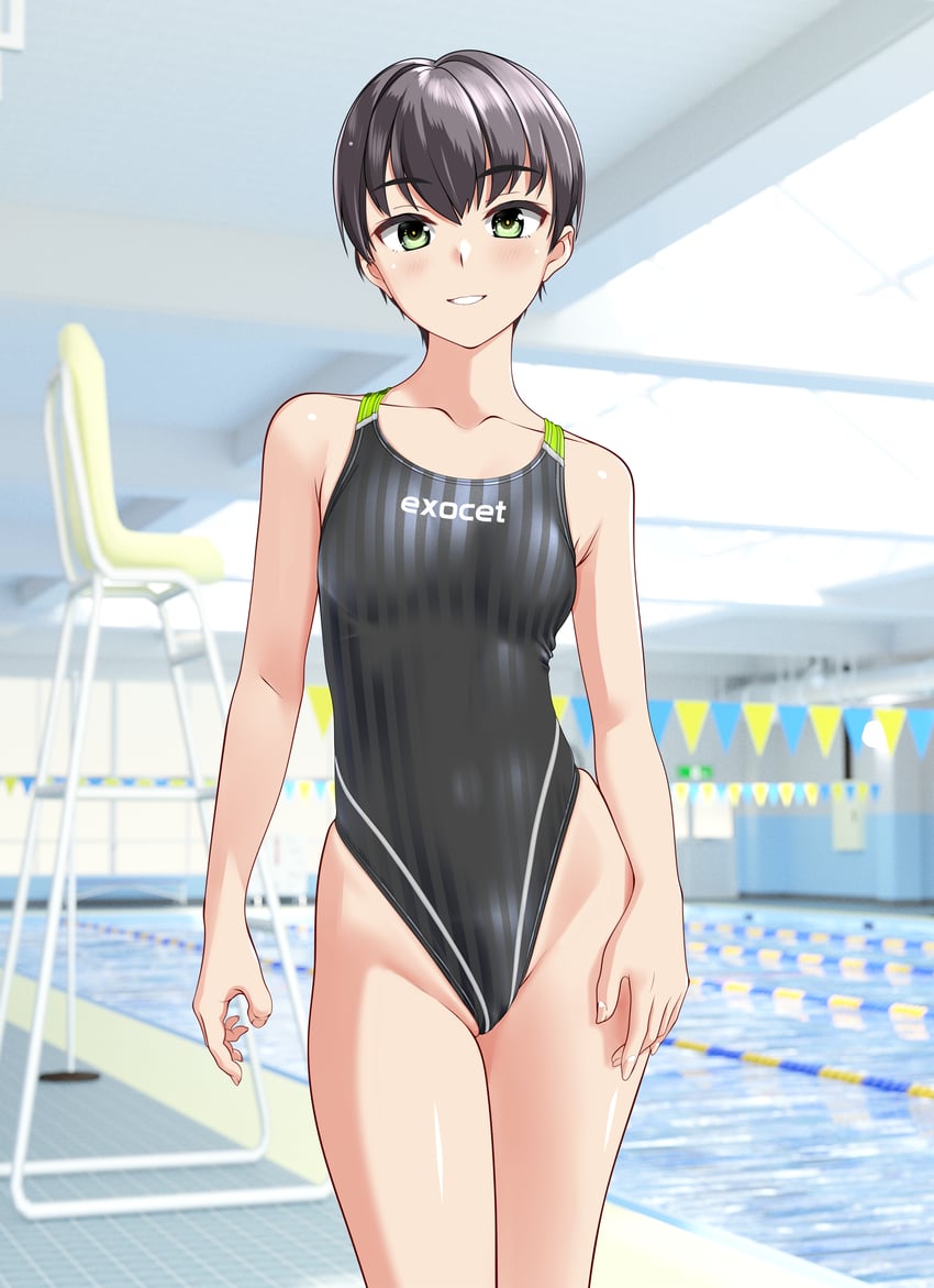 原创 1名女孩 黑发 黑色连体泳衣 乳房 椅子