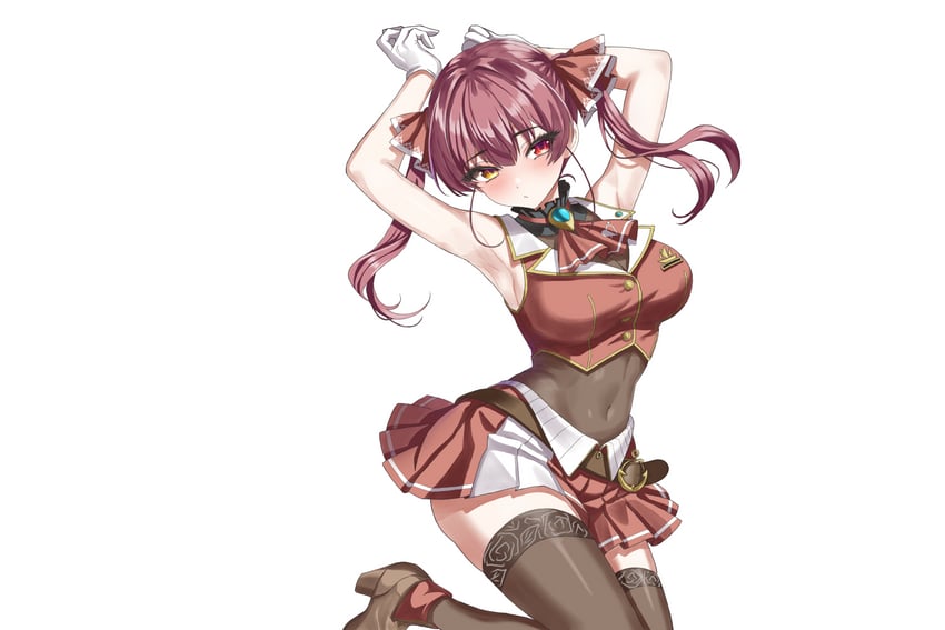 Hololive、宝钟玛琳 1名女孩 露肩 黑色紧身连体衣 黑色过膝袜 乳房