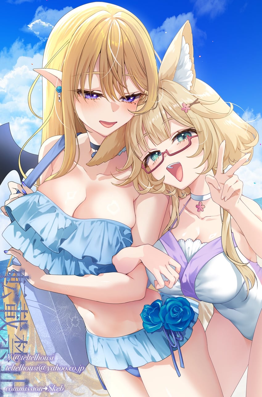 二次元插画 2名女孩 兽耳毛 兽耳 露肩 海滩
