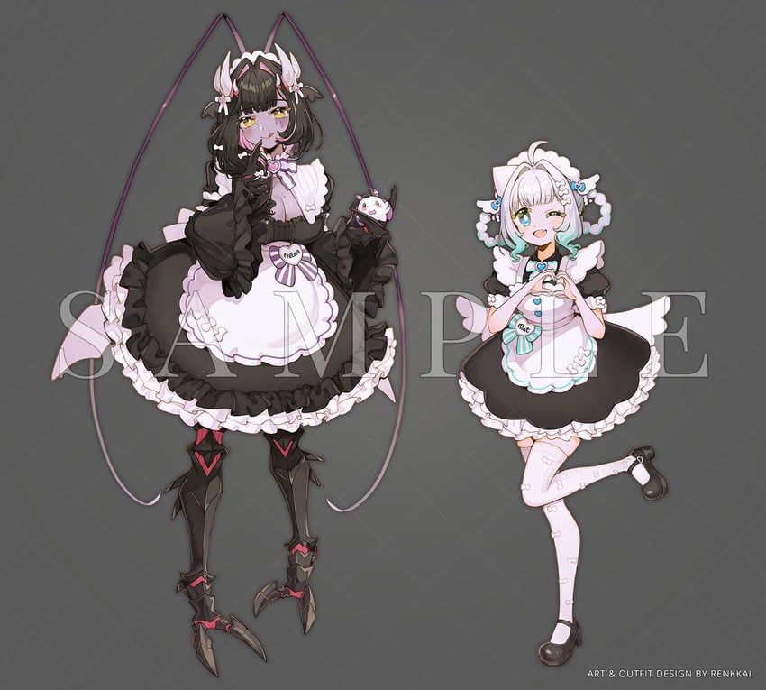 传说.exe、个人势虚拟主播、摩多罗隐岐奈 2名女孩 :q 不同发型 触角 围裙