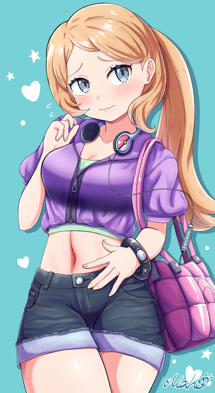 宝可梦、宝可梦 X/Y、莎莉娜 (精灵宝可梦) 1名女孩 替换服装 水色背景 包 金发