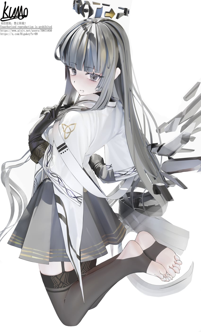 明日方舟、塑心 (明日方舟) 1名女孩 黑色吊袜带 黑色手套 黑色光环 黑色裙子