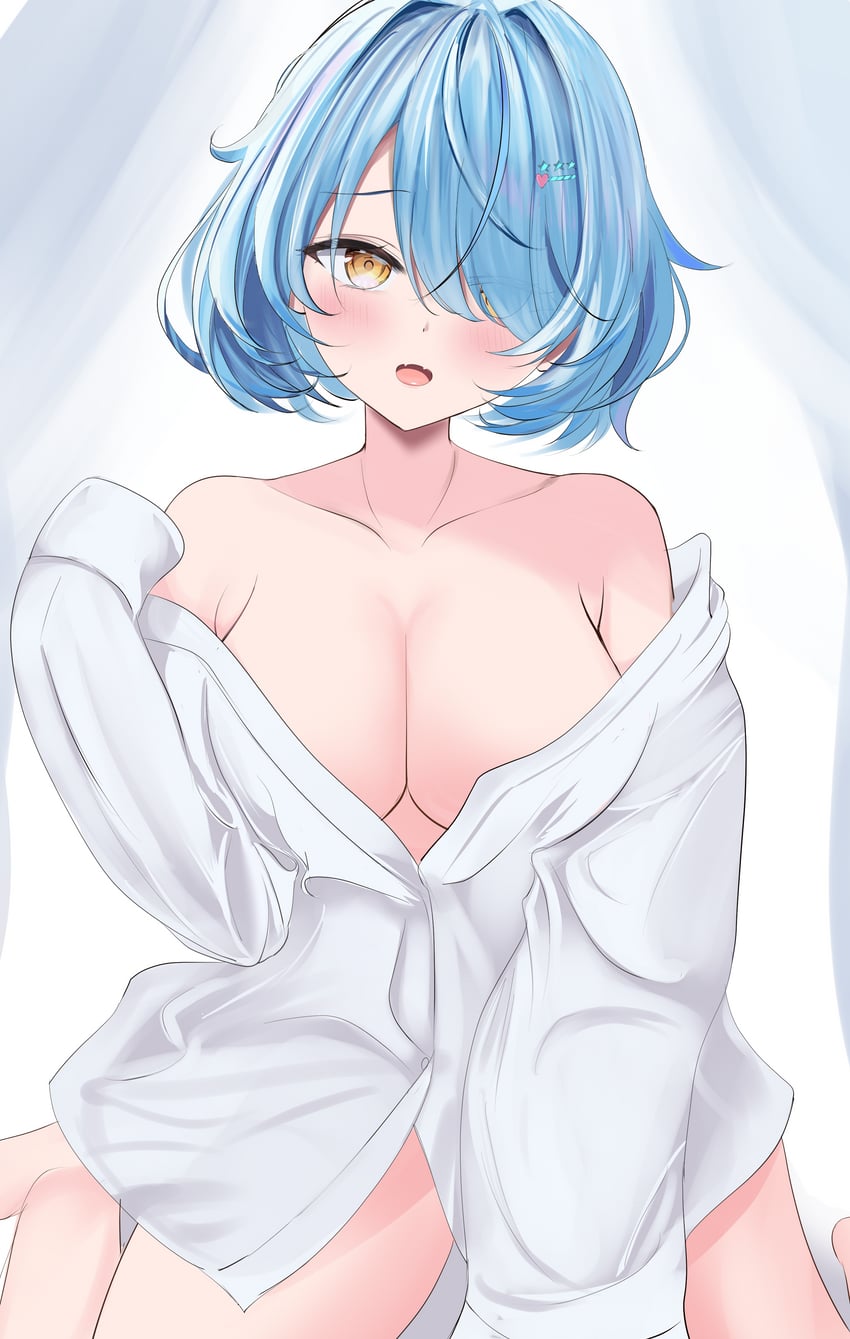 Hololive、雪花拉米 1名女孩 乳房 乳沟 锁骨 有领衬衫
