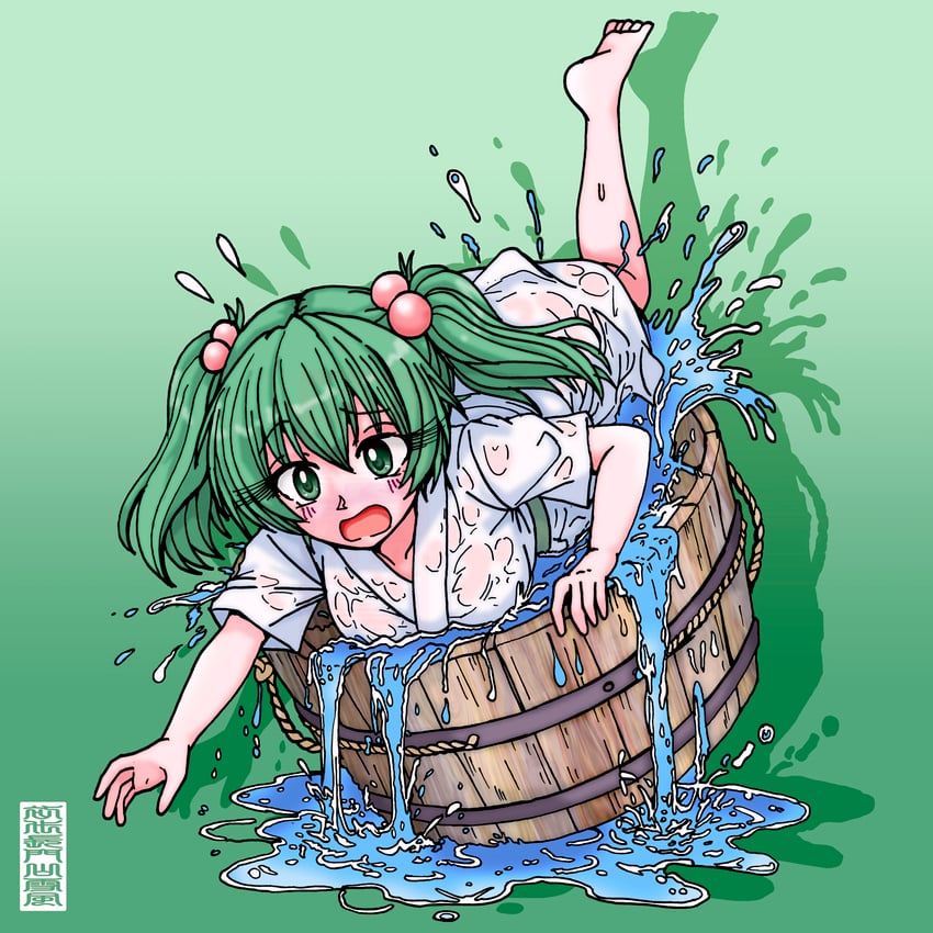 东方Project、琪斯美 1名女孩 赤脚 桶 绿色背景 绿眼
