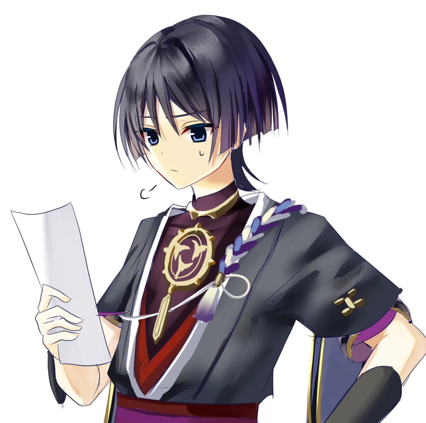 原神、散兵 (原神) 1名男孩 手臂放在侧边 铠甲 黑瞳 黑色和服