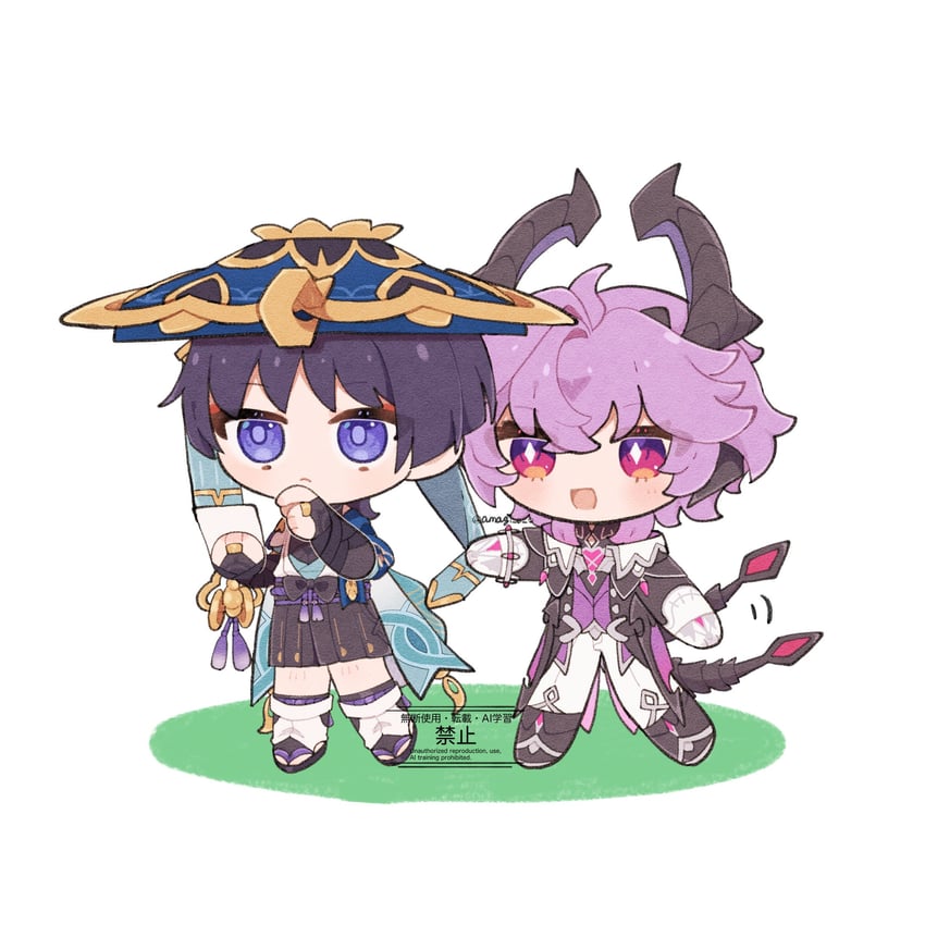 原神、杜林 (原神)、散兵 (原神) 2个男孩 手臂放在侧边 铠甲 腰带 黑色皮带