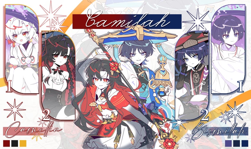 原神、原创、散兵 (原神) 3个男孩 3人女子 异色发 阿拉伯语文本 手臂放在侧边