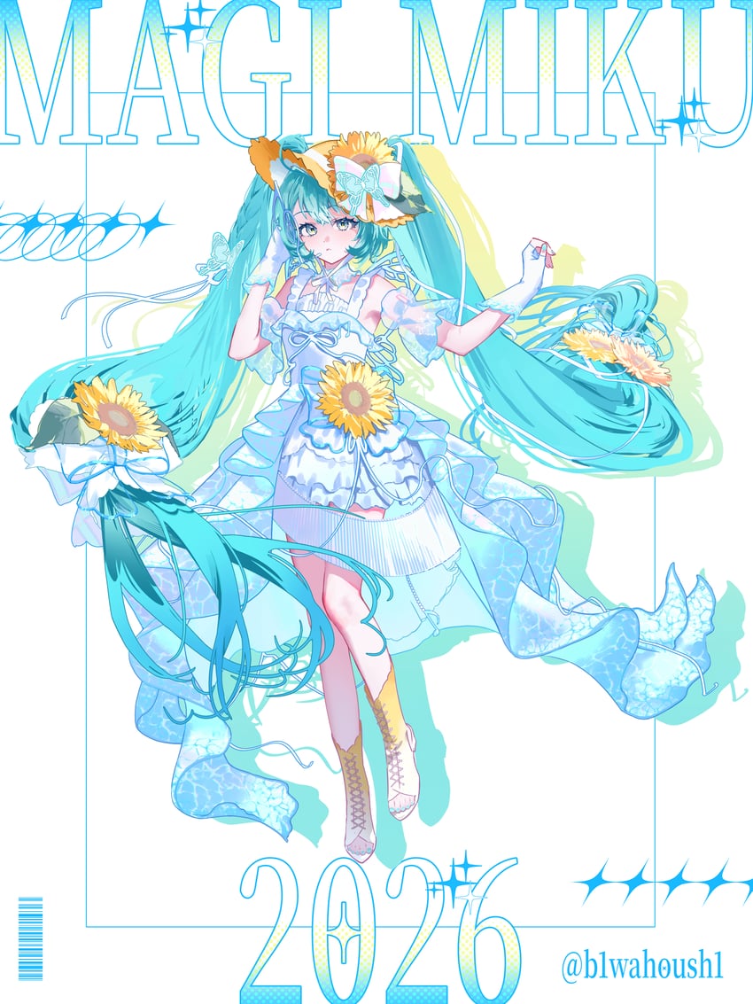 魔法未来(Vocaloid)、VOCALOID、初音未来 1名女孩 水色瞳 水色发 水蓝色指甲 露肩