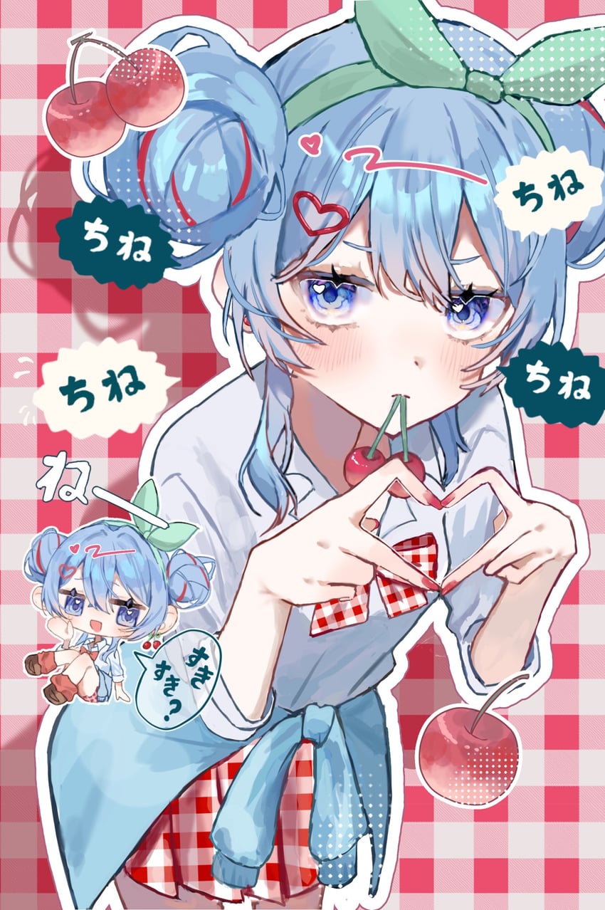 Cherry Pop、VOCALOID、初音未来 1名女孩 蓝眼 蓝发 蓝色夹克 脸红