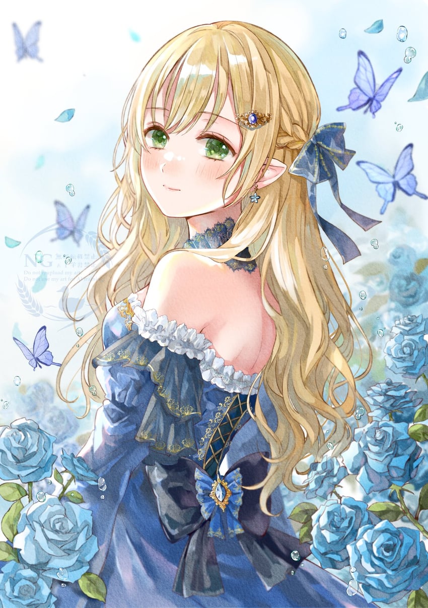 原创 1名女孩 背影 后背蝴蝶结 露肩 金发