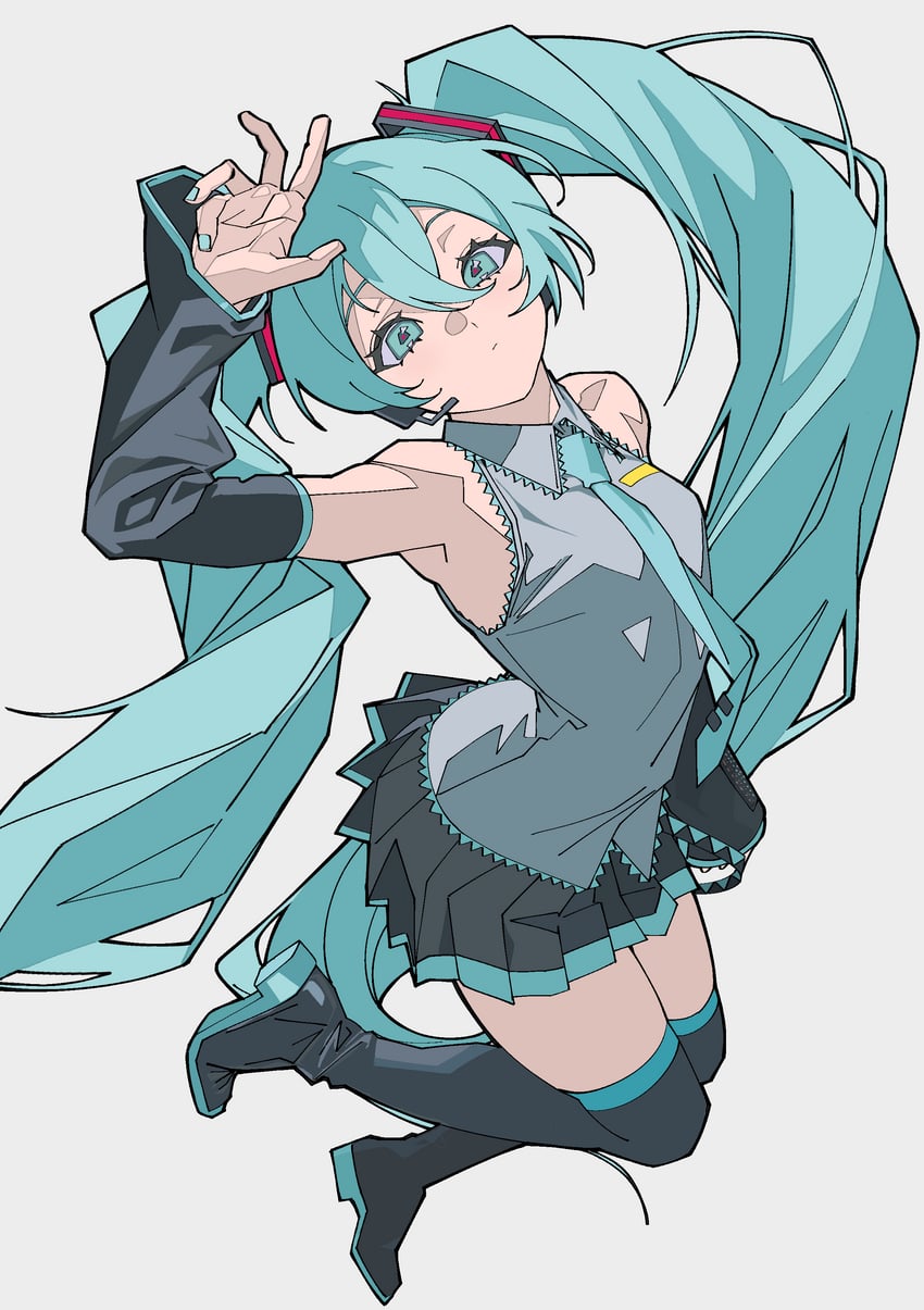 VOCALOID、初音未来 1名女孩 水色瞳 水色发 水蓝色指甲 水蓝色领带