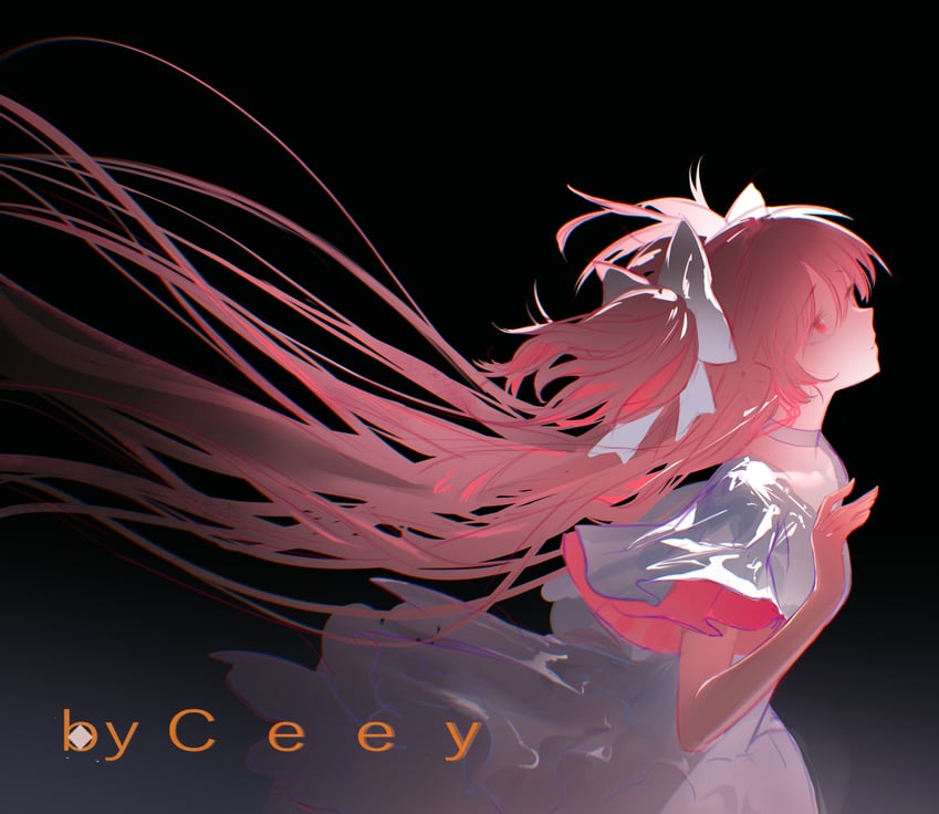 魔法少女小圆、魔法少女小圆、鹿目圆 1名女孩 荒谬的长发 作者名 裸臂 黑色背景