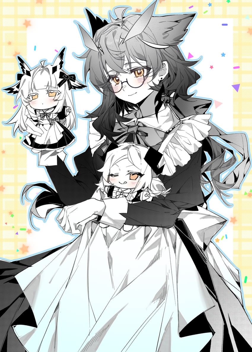 明日方舟、伊芙利特 (明日方舟)、白面鸮 (明日方舟) 3人女子 围裙 蓝色轮廓 边框 领子裙