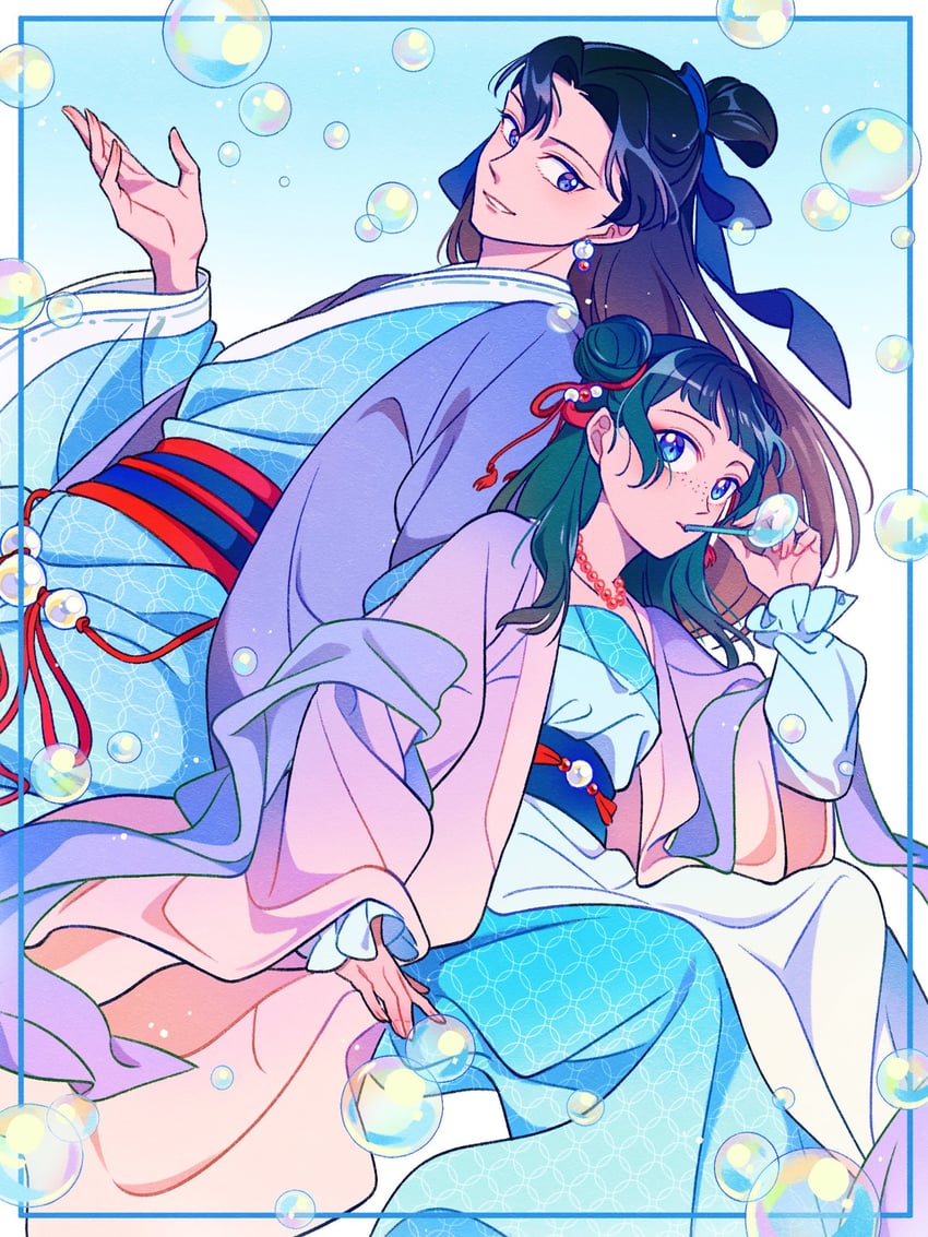 药屋少女的呢喃、壬氏（药屋少女的呢喃）、猫猫 (药屋少女的呢喃) 1名男孩 1名女孩 背靠背 吹泡泡 蓝眼
