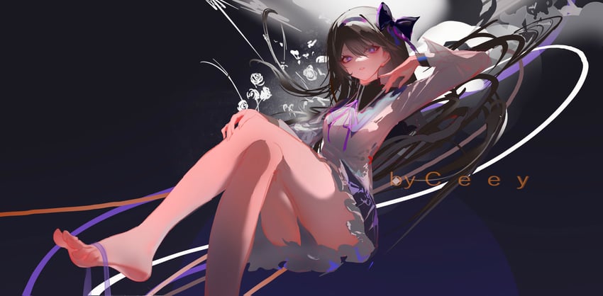 魔法少女小圆、魔法少女小圆、晓美焰 1名女孩 作者名 裸腿 赤脚 黑色背景