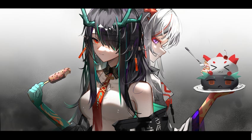 明日方舟、夕 (明日方舟)、年 (明日方舟) 2名女孩 水色皮肤 露肩 黑发 黑色夹克