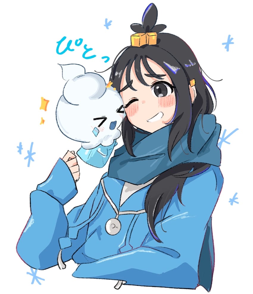 宝可梦、宝可梦传说：Z-A、丽多 (宝可梦) 1名女孩 蓝色夹克 脸红 躯干截断 方块发饰