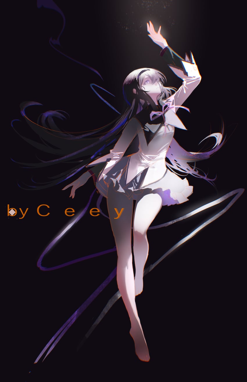魔法少女小圆、魔法少女小圆、晓美焰 1名女孩 举手 作者名 裸腿 赤脚