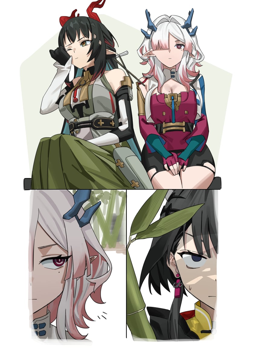 明日方舟、明日方舟：终末地、弥伏 (明日方舟) 3人女子 竹子 黑发 乳房 龙娘