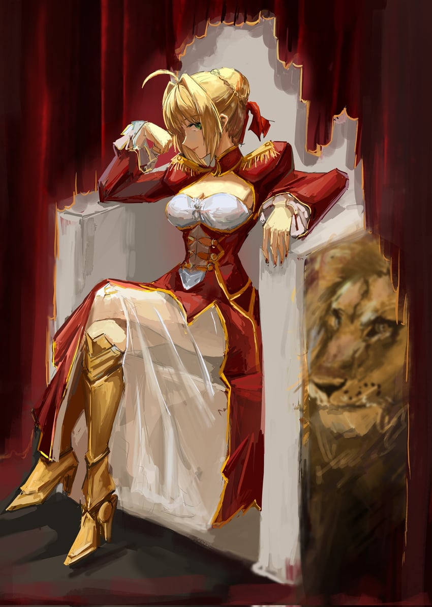 Fate/Grand Order、Fate系列、尼禄·克劳狄乌斯 (Fate) 1名女孩 呆毛 手臂支撑 金发 乳房