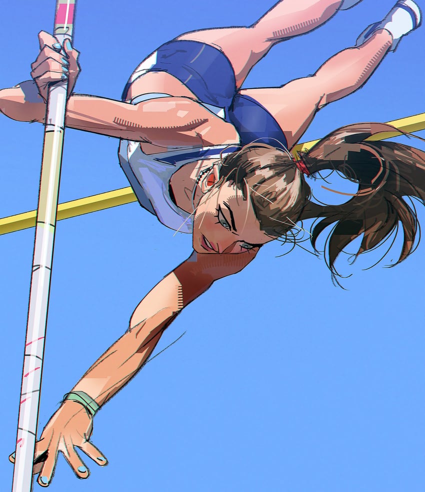 原创 1名女孩 蓝色背景 蓝色短裤 棕发 长发