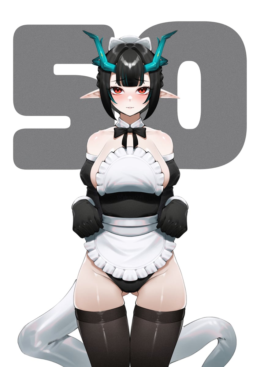 明日方舟、夕 (明日方舟) 1名女孩 替换服装 不同发型 围裙 露肩