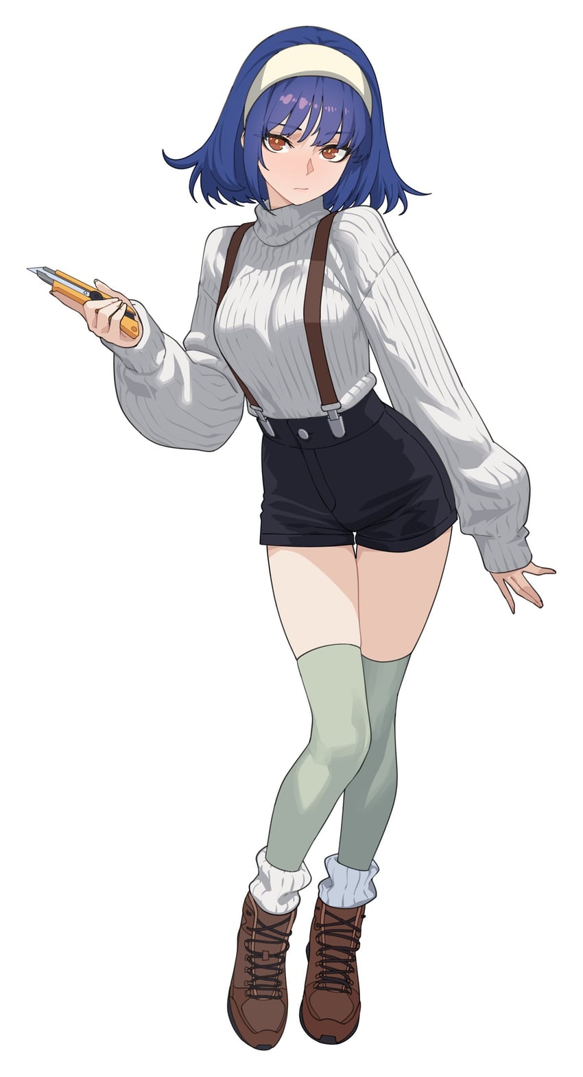 原创 1名女孩 黑色指甲 黑色短裤 蓝发 靴子