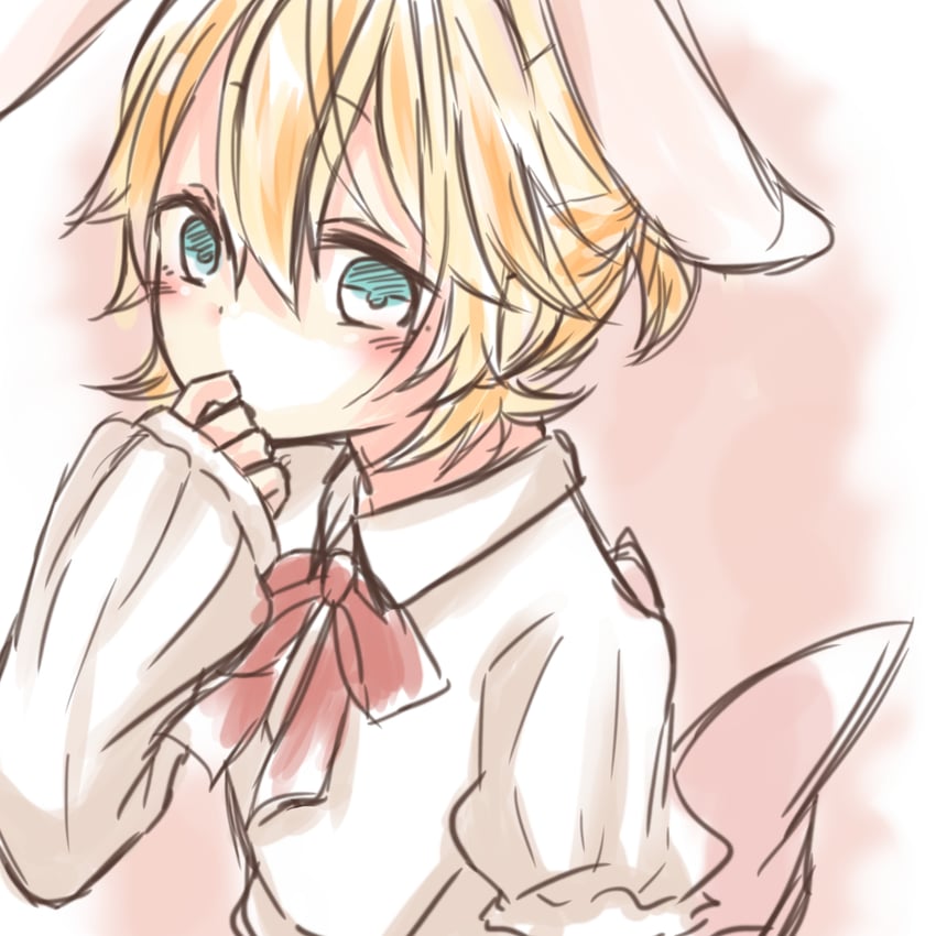 VOCALOID、镜音连 1名男孩 兽耳 水色瞳 金发 脸红