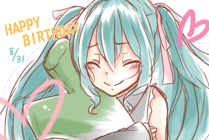 VOCALOID、初音未来 1名女孩 水色发 生日 黑衬衫 脸红