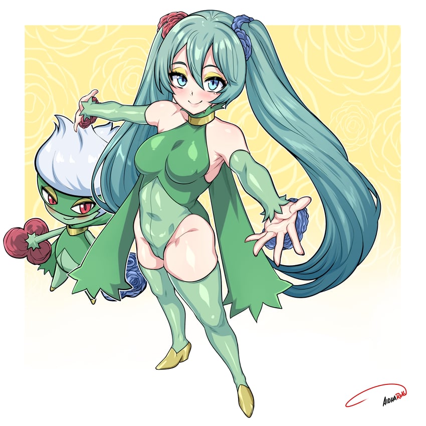 宝可梦、VOCALOID、初音未来 1名女孩 1个其他角色 水色瞳 水色发 腋下
