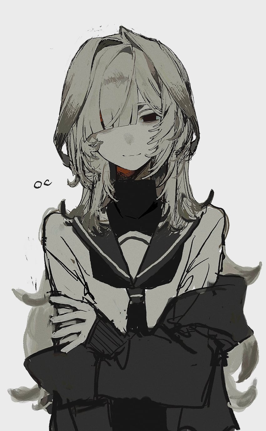 原创 1名女孩 黑色针织衫 黑瞳 黑色领巾 齐刘海