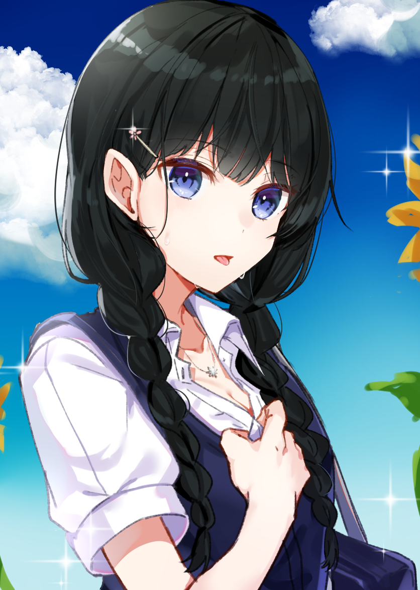 彩虹社、月之美兔、月之美兔 (夏季制服) 1名女孩 黑发 蓝色背景 蓝眼 蓝天