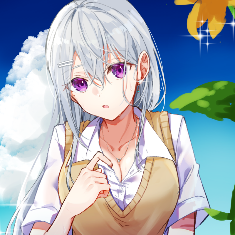 彩虹社、樋口枫、樋口枫 (夏季制服) 1名女孩 蓝色背景 蓝天 乳房 乳沟