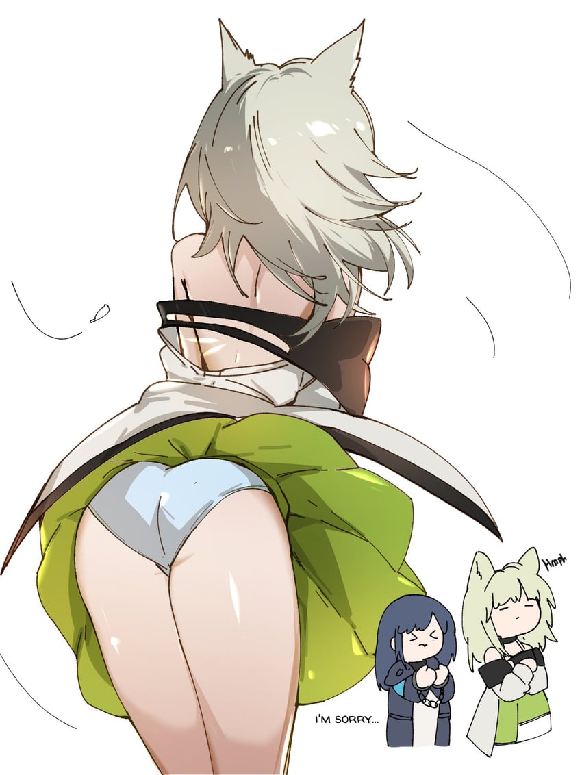明日方舟、博士 (明日方舟)、博士 (女) (明日方舟) 2名女孩 闭眼挤眼 兽耳 屁股 黑色大衣